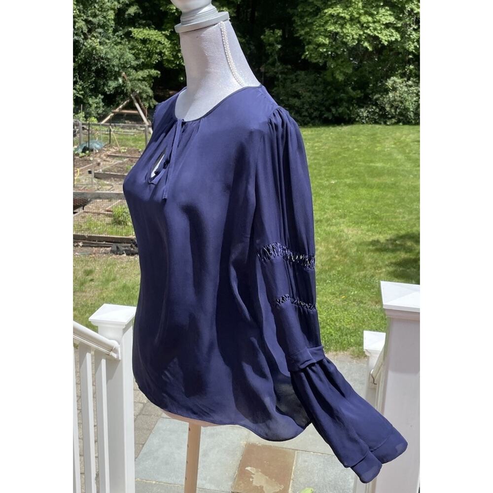 Parker Women 100% Silk Blouse Round Neck Tiered Sleeves Career Wear Navy Blue S - Picture 4 of 11